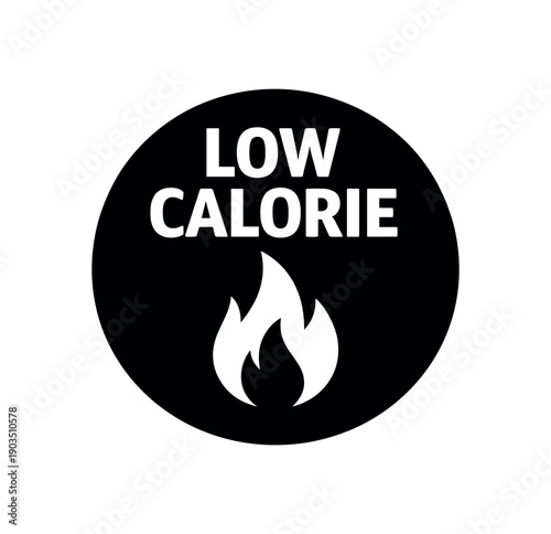 Flat vector badge LOW CALORIE simple white flame icon scalable SVG look