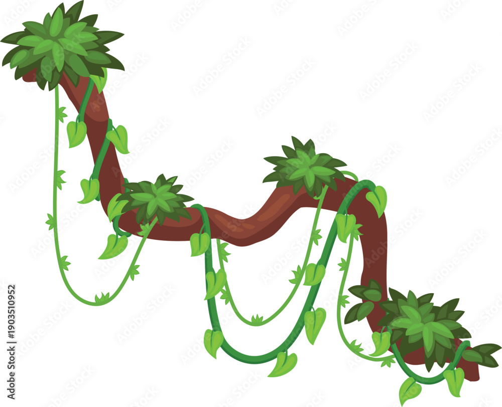 Fototapeta premium Wild rainforest branch with climbing creeper cartoon element