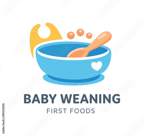 Single flat vector icon of baby feeding set: rounded suction bowl with tiny heart cutout on the side short spoon resting inside the bowl three small puree dots above the spoon to suggest