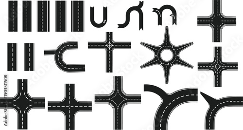 Road Intersection and Highway Elements Illustration Set, Urban Traffic Junction Shapes, Curved Streets and Crossroads, Transportation Infrastructure Icons, Black Vector Design
