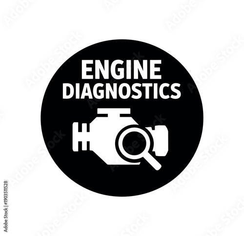 Flat vector badge ENGINE DIAGNOSTICS simple white engine icon with magnifier