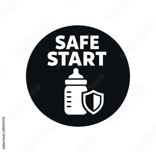 Flat vector badge SAFE START simple white baby bottle with shield