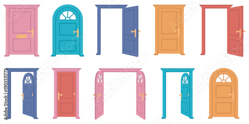 Open And Closed Door Collection Set, Cartoon Home Entrance Exit Doors With Frames Handles Vector Illustration Exterior Architecture Design