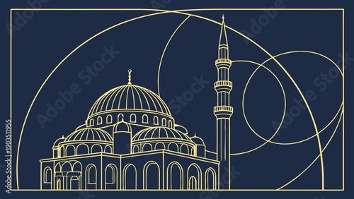 A Yellow Line Drawing of a Mosque with a Minaret on Dark Blue Background