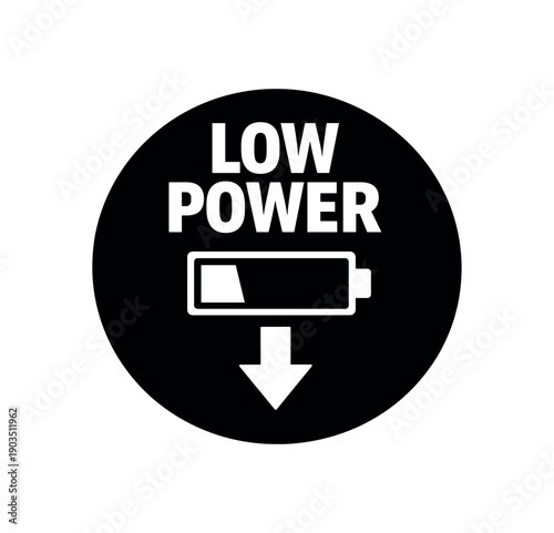 Flat vector badge LOW POWER simple white battery with down arrow
