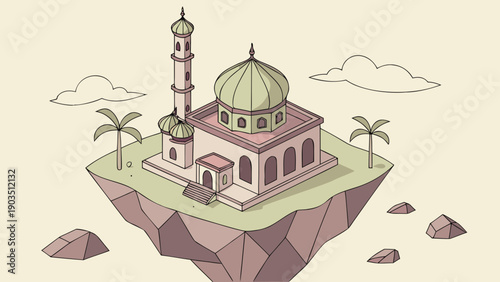 Illustration of a Mosque on a Floating Island with Palm Trees and Geometric Shapes