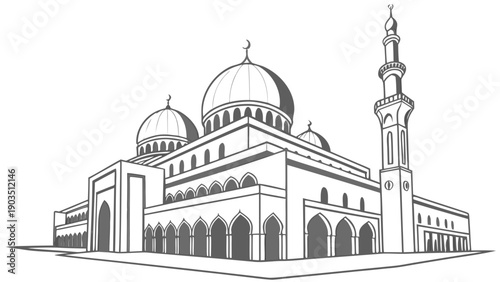 Architectural Illustration of a Mosque with Domes and Minaret in Black and White