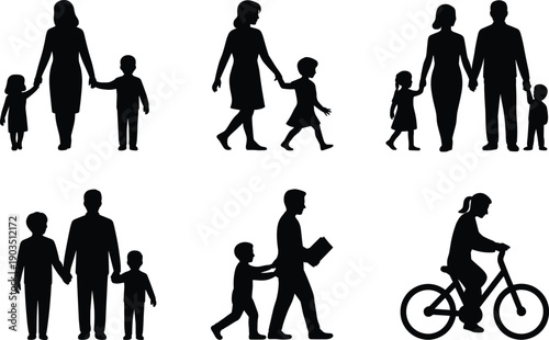 Family silhouettes walking together, parents and children daily life activities, parenting, love, care, togetherness, lifestyle, isolated black figures