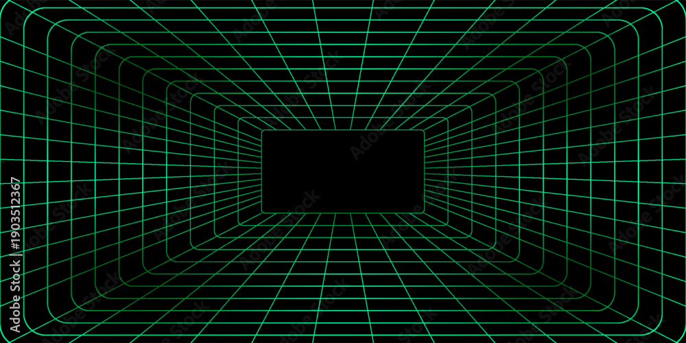 Fototapeta premium Futuristic 3D grid tunnel with green lines on a black background, creating a deep, immersive perspective effect ideal for sci-fi, tech, or retro designs.