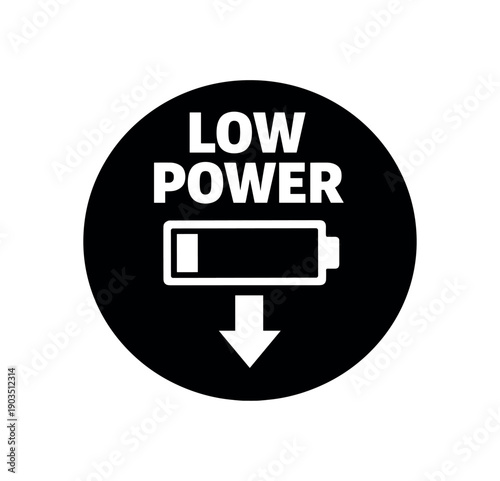 Flat vector badge LOW POWER simple white battery with down arrow