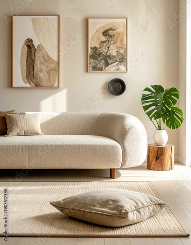 Cozy minimalist living room with neutral tones and natural elements