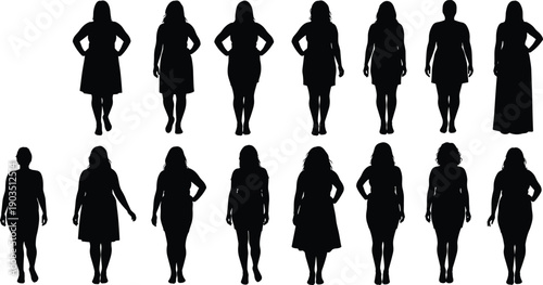 Set of plus size women silhouettes standing in different poses, diverse female body shapes representing confidence, fashion, and body positivity isolated on white background