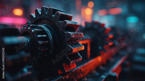 Industrial gears dimly lit factory setting with vibrant red and blue lighting create dramatic and mechanical atmosphere. focus metal cogs highlights their intricate design and engineering