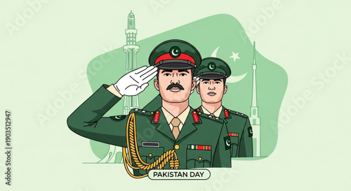 Two pakistani soldiers in uniform saluting with flag background on pakistan day