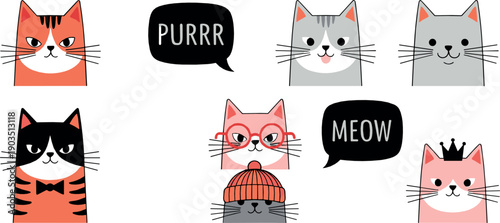 Cute cat illustration set with funny cartoon kitten faces speech bubbles purr meow and playful expressions in flat kawaii style for stickers and pet designs