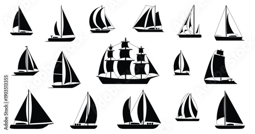 Ship silhouettes, featuring sailing boats, cargo ships, patrol vessels, and fishing boats as marine transport vector icons for nautical illustrations.
