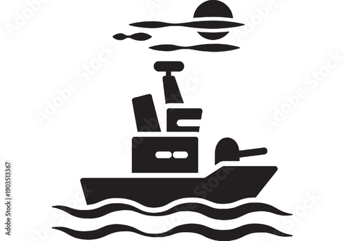 Ship cargo silhouette icon with container vessel on ocean waves, minimalist black nautical pictogram for shipping logistics, maritime transport, harbor and sea freight