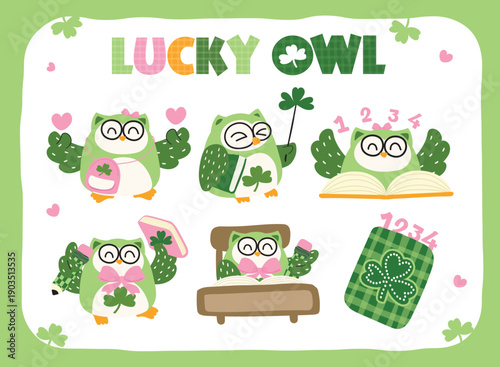 Lucky Owl Back to School for St. Patrick’s Day. Vector Illustration.