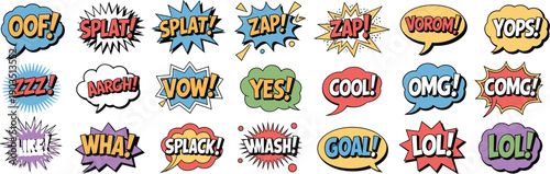 Comic speech bubbles, colorful cartoon sound effects, pop art style words, expressive text bubbles, vibrant comic graphics, fun explosion shapes, cartoon illustration
