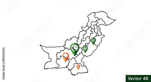 Map of pakistan with marked locations and colored pins on a vector background