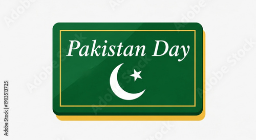 Pakistan day celebration emblem with crescent moon and star on green background