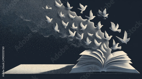 Open book with birds flying out of pages symbolizes imagination and freedom. dark background contrasts with light birds, creating sense of wonder and inspiration