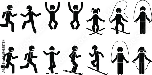Stick figure sports and fitness activities set with running jumping skiing rope skipping minimalist black pictogram icons for active lifestyle concepts