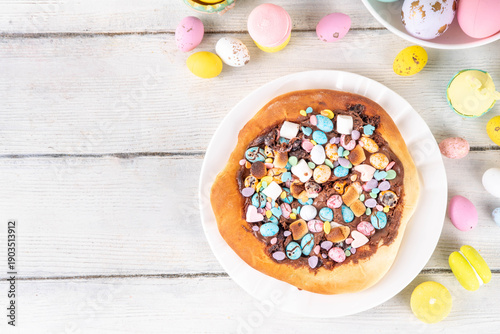 Sweet Easter chocolate eggs pizza