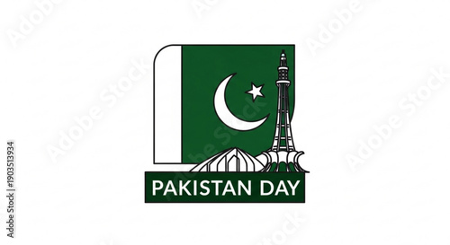Pakistan day celebration logo with flag and tower