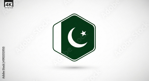 Green pakistani flag symbol with crescent moon and star on hexagonal background