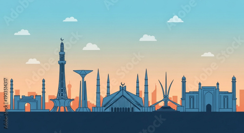 Cityscape silhouette at sunset with mosque and minarets blue and orange gradient sky with clouds pakistan architecture