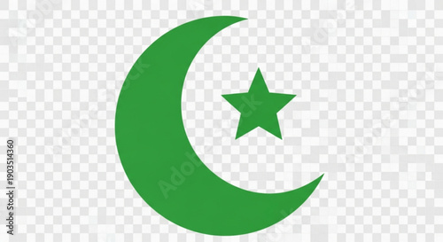 Green crescent moon and star symbol on transparent background representing islamic or muslim cultural significance
