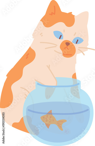 Cat try catch fish from glass bowl. Bad pet character