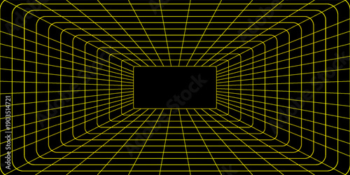 Futuristic 3D grid tunnel with yellow lines on a black background, creating a deep, immersive perspective effect ideal for sci-fi, tech, or retro designs.