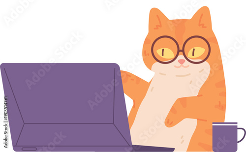 Smart cat work on laptop. Pet programmer in glasses