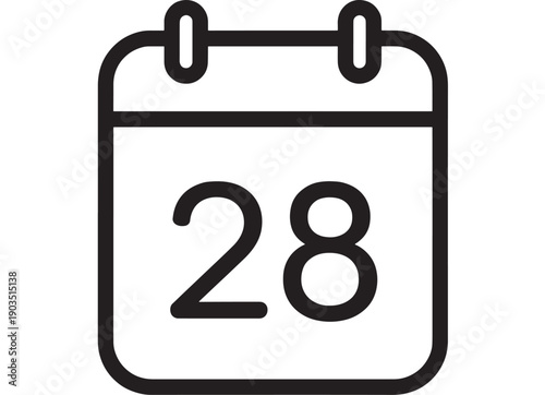 Calendar date icon with number 28, minimalist black outline symbol for scheduling, appointment reminder, deadline planning, event organizer UI, isolated on white