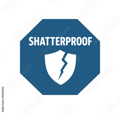 Flat vector octagon badge solid deep slate octagon background SHATTERPROOF simple white pictogram cracked shield below text