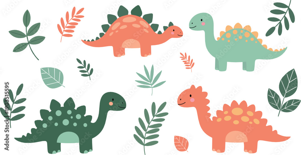 Obraz premium Cute dinosaur illustration set with friendly prehistoric animals and decorative leaves in soft pastel flat style for kids nursery and educational designs