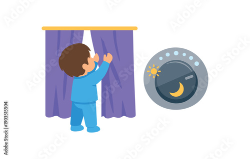 colored flat icon vector illustration child closing curtain and turning lamp to low small moon on dial dim light for sleep flat on white background clean shapes