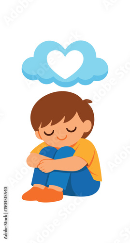colored flat icon vector illustration child sitting with knees hugged and cloud heart above self hug calming pose flat on white background clean shapes