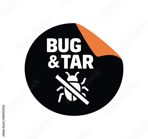Flat vector sticker peel badge solid black sticker with peeled corner muted orange BUG & TAR simple white insect with slash