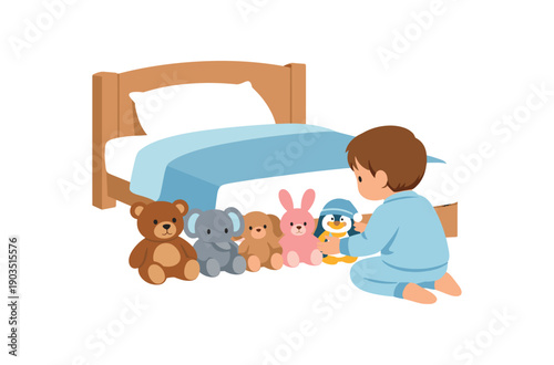 colored flat icon vector illustration kid pajamas placing stuffed animals neatly at bed foot bedtime buddies lineup flat on white background clean shapes