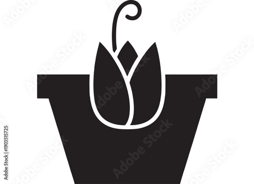 Flower pot icon with blooming tulip silhouette in black and white, minimalist flat vector style for gardening, floriculture, home decor, logo, app UI symbol