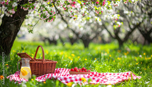 Picnic primaverile sotto alberi in fiore con cestino di vimini, fragole e limonata su prato verde. Generative AI 