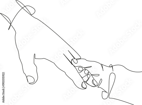One continuous single drawing line art flat doodle children, mother, father, finger, hand, innocence, newborn, baby. Isolated image hand draw contour on a white background, hand drawn, not AI