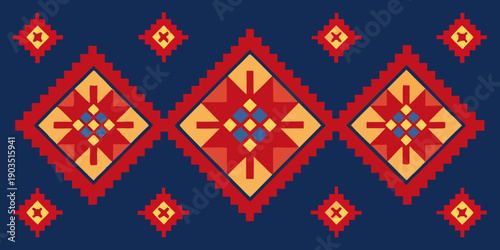 Vibrant Lao Hmong Embroidery Pattern, Colorful Star Motifs, Traditional Ethnic Geometric Textile, Multicolored 8-Pointed Star Cross-Stitch.