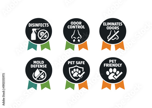Flat vector ribbon badge simple white two ribbon below circle muted teal/green/orange badge texts and : DISINFECTS spray microbe slash ODOR CONTROL nose arrows ELIMINATES ODORS nose slash