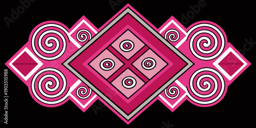 Traditional Hmong Snail Shell Embroidery, Pink Symmetrical Spiral Motif