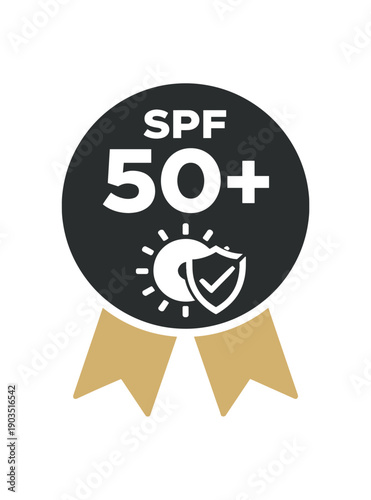 Flat vector ribbon badge SPF 50+ simple white sun with shield checkmark two ribbon below circle muted gold
