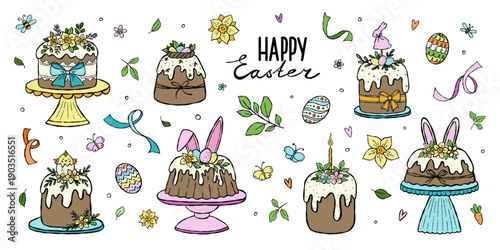 Doodle colored Easter cakes with bunny ears, eggs, flowers, carrots. Festive vector illustration for poster, card, scrapbooking, stickers